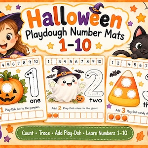 Può includere: Un set di tappetini per plastilina a tema Halloween con numeri da 1 a 10, raffiguranti una strega e un gatto nero. Il PDF stampabile include tre schede attività che mostrano i numeri uno, due e tre con zucche e un fantasmino.