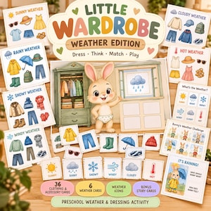 Puede incluir: Un conjunto de actividades educativas Little Wardrobe Weather Edition que incluye un conejo de dibujos animados, tarjetas de ropa y accesorios, iconos meteorológicos y tarjetas de desafío. El set contiene etiquetas de texto para diversos tipos de clima.