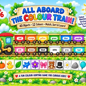 May include: A colorful educational game titled All Aboard The Colour Train featuring a green locomotive, twelve train cars labeled with colors, and forty object cards including a strawberry, pumpkin, duck, leaf, plane, flower, bow, bear, hat, flower, rock, and balloon.
