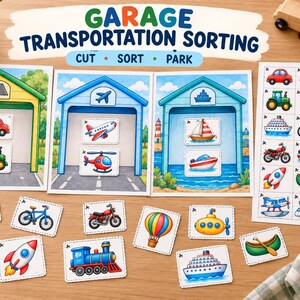 Può includere: Un set di attività Garage Transportation Sorting con tre garage illustrati e un foglio di carte di veicoli da ritagliare. Il testo recita Garage Transportation Sorting Cut Sort Park. Include un paio di forbici blu su una superficie in legno.