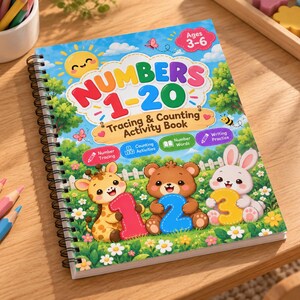 May include: A spiral-bound activity book titled Numbers 1-20 Tracing & Counting Activity Book for ages 3-6. The cover features a cartoon giraffe, bear, and rabbit holding the numbers 1, 2, and 3, with a sun, clouds, and flowers.
