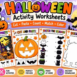 Könnte beinhalten: Halloween-Aktivitätsblätter bestehend aus vier Seiten mit Aufgaben wie Zählen und Kleben, Ausschneiden und Kleben, Schatten zuordnen und ein Monster bauen. Die bunten Seiten enthalten Illustrationen von Geistern, Kürbissen, Fledermäusen und Text.
