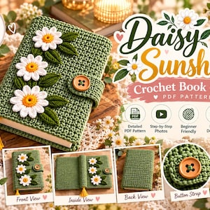 Puede incluir: Una funda de libro tejida a ganchillo en color verde con tres aplicaciones de margaritas blancas con centros amarillos y hojas verdes. Incluye un cierre de botón, una borla amarilla y el texto Daisy Sunshine Crochet Book Cover PDF Pattern.