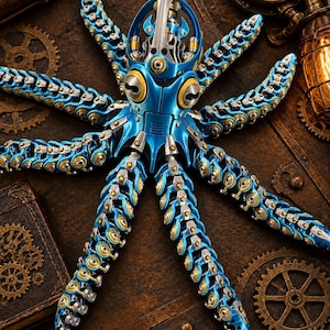 May include: A mechanical octopus figurine featuring a metallic blue finish with gold and silver accents. The creature has eight articulated tentacles composed of segmented plates and circular details, with a central head structure displaying gears.