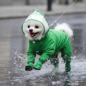 Op de afbeelding: Een kleine witte hond met een pluizige staart draagt een felgroene regenjas met een doorzichtige capuchon en witte knopen. De hond rent door een plas tijdens een regenbui, waarbij water rond de poten spat en een riem is bevestigd.