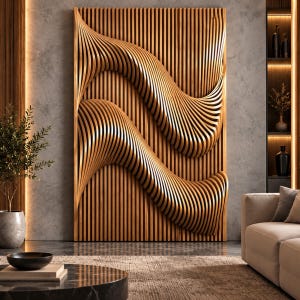 May include: A rectangular wall panel featuring vertical wooden slats arranged in a three-dimensional wave pattern. The light brown wood creates two distinct, flowing curves that protrude from the flat surface, creating a rhythmic texture.
