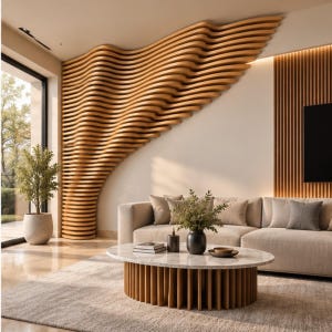 May include: A living room featuring a large, undulating light wood wall installation with horizontal slats, a beige sectional sofa, and a round coffee table with a white marble top and a slatted light wood base on a textured rug.