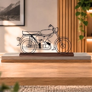 Simson S51 lijntekening decoratie - 2D bromfiets silhouet met houten voet, GDR bromfietsmodel