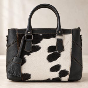 Black White Cowhide Tote Bag, Hair On Hide Handbag, Black Leather Purse, Tassel Charm, Detachable Shoulder Strap, Gift For her
