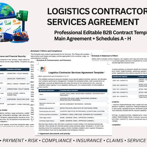 Puede incluir: Una plantilla de contrato de servicios de contratista logístico con título, gráficos empresariales y varias páginas de documentos que incluyen declaración de trabajo, compensación, ética y seguros, además de los anexos A a H.