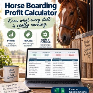 May include: A digital Horse Boarding Profit Calculator displayed on a laptop screen, featuring financial metrics, tables, and icons. A brown horse looks out from a stall nearby. A mug with the text More Horses Less Guesswork sits on a wooden surface.