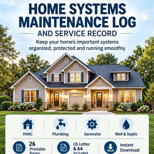 May include: A digital home systems maintenance log and service record document featuring the ClearPlanWorks logo, text, and icons for HVAC, plumbing, generator, and well and septic systems. It includes 26 printable pages in US Letter and A4 sizes.