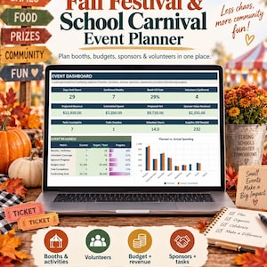 Puede incluir: Un planificador de eventos digitales para festivales de otoño y carnavales escolares en una pantalla de portátil. El panel muestra métricas de puestos, voluntarios, ingresos y gastos. Incluye iconos de puestos, voluntarios y presupuesto.
