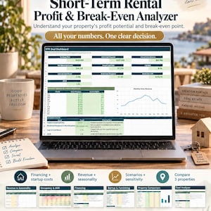 May include: A laptop displaying the ClearPlanWorks Short-Term Rental Profit & Break-Even Analyzer dashboard, featuring financial metrics, monthly revenue tables, and line charts. The screen shows data for purchase price, cash flow, and occupancy rates.