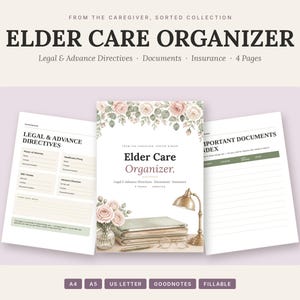 Puede incluir: Un conjunto de documentos Elder Care Organizer que incluye una portada con ilustraciones florales, una lámpara de escritorio y gafas. Incluye páginas para directivas legales y anticipadas y un índice de documentos importantes con campos de seguros.