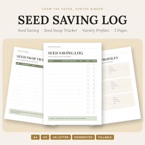 Könnte beinhalten: Ein dreiseitiges digitales Saatgut-Logbuch-Set mit einem Saatgut-Logbuch, einem Tausch-Tracker und Sortenprofilen. Die Seiten haben einen weißen Hintergrund mit salbeigrünen Überschriften und Text, inklusive dem Titel Seed Saving Log.