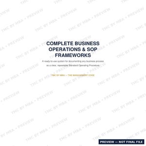 May include: A document titled COMPLETE BUSINESS OPERATIONS & SOP FRAMEWORKS with the subtitle A ready-to-use system for documenting any business process as a clear, repeatable Standard Operating Procedure and the text TMC BY MBA — THE MANAGEMENT CODE.