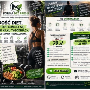 Op de afbeelding: Een tweedelige promotieflyer voor een fitnessprogramma genaamd FORMA BEZ PRESJI. De linkerkant toont een persoon in sportkleding, een kom salade en een eiwitshaker. De rechterkant bevat details over een 12-weken programma met prijzen en contactgegevens.