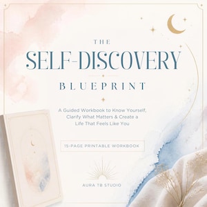 Könnte beinhalten: Ein 15-seitiges druckbares Arbeitsbuch mit dem Titel The Self-Discovery Blueprint: A Guided Workbook to Know Yourself, Clarify What Matters & Create a Life That Feels Like You. Das Cover zeigt einen Halbmond, Sterne sowie blaue und rosa Aquarelle.