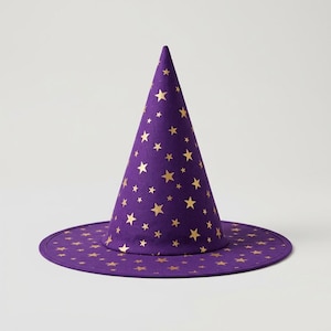 May include: A pointed purple hat featuring a wide, flat brim and a tall, conical crown. The entire surface of the hat is decorated with a repeating pattern of small, five-pointed gold stars distributed evenly across the fabric.