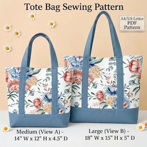 May include: Tote Bag Sewing Pattern for an A4/US Letter PDF. Two tote bags with blue handles and bases feature a white floral print with blue, pink, and yellow flowers. Medium bag: 14" W x 12" H x 4.5" D. Large bag: 18" W x 15" H x 5" D.