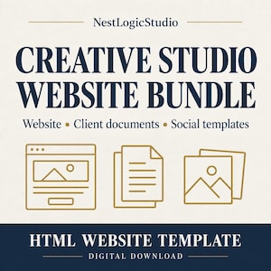 May include: A digital download graphic for a Creative Studio Website Bundle by NestLogicStudio. The design features dark blue text on a light background, including icons for a website, documents, and social templates, plus HTML Website Template text.