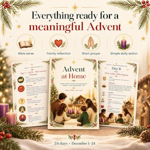 Puede incluir: Un calendario de Adviento católico y guía diaria titulado Advent at Home, con 24 días de contenido del 1 al 24 de diciembre. La portada muestra a una familia alrededor de una corona de Adviento, mientras que las páginas abiertas presentan versículos bíblicos, reflexiones, preguntas, oraciones y acciones.