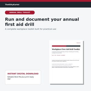 Może przedstawiać: Cyfrowy dokument zatytułowany Workplace First Aid Drill Toolkit od TheKittyKartel. Strona zawiera czerwono-czarny nagłówek, tekst opisujący system planowania, przeprowadzania, oceniania i dokumentowania ćwiczeń oraz informację o pobraniu cyfrowym.