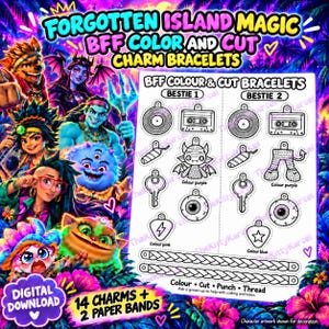 May include: A digital download sheet for BFF Color and Cut Charm Bracelets featuring black and white line art of charms including cassettes, keys, eyes, and a bat. The sheet includes two paper bands and instructions to color, cut, punch, and thread.