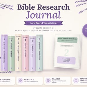 May include: A six-volume Bible Research Journal set featuring pastel-colored spines labeled Volume 1 through 6, with a matching cover for Volume 2. The text includes New World Translation, 66 Bible Books, and Chapter by Chapter.