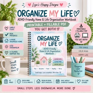 May include: A spiral-bound workbook titled Organize My Life with a watercolor cover featuring a house and plants. The workbook includes sections for planning, decluttering, and self-care. It is displayed with a mug and a pen holder on a desk.