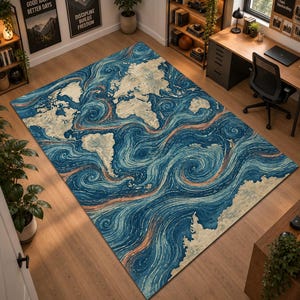 Könnte beinhalten: Ein rechteckiger Teppich mit einem Weltkarten-Design, das wirbelnde, malerische Muster in verschiedenen Blau- und Kupfertönen aufweist. Die Kontinente sind in einem strukturierten Off-White vor den fließenden, wellenartigen Meeresströmungen dargestellt.