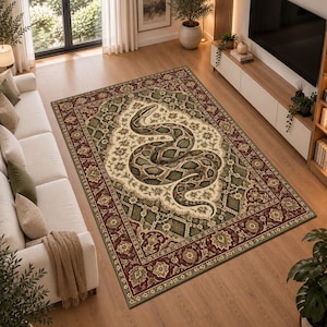 May include: A rectangular area rug featuring a central cream-colored medallion with a large coiled snake illustration. The rug has a dark red border with floral motifs and a green diamond-patterned field, finished with intricate decorative edges.