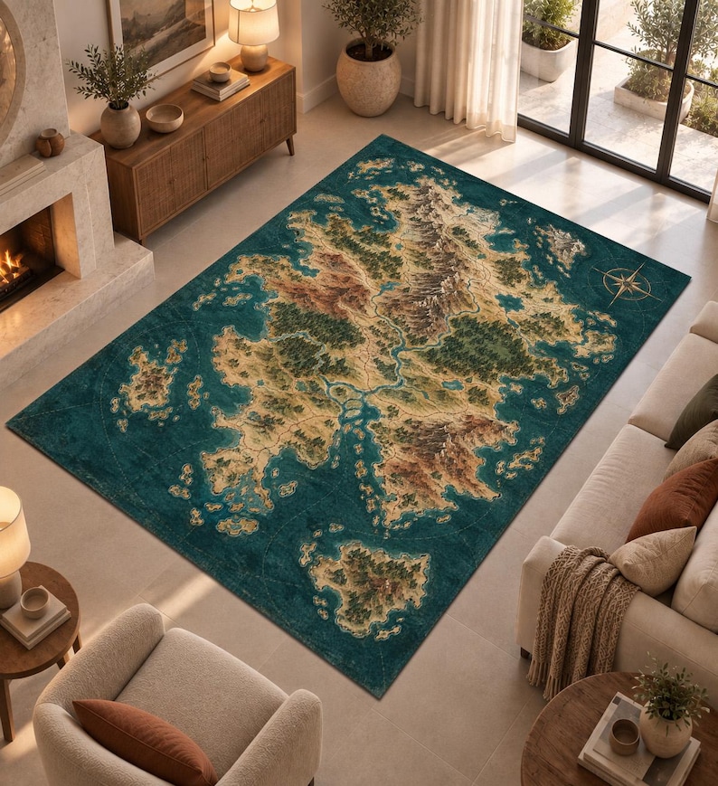 Vintage Fantasy Map Rug, Adventure World Area Rug, Mountain Forest Map ...