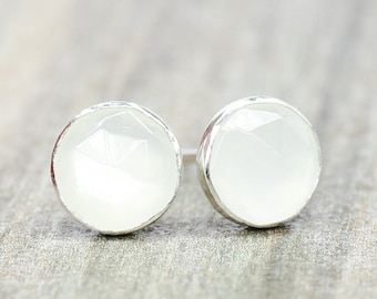 Sterling Silver Moonstone Earrings // Rose Cut White Moonstone Stud Earrings // 6mm Moonstone Cabochon Earrings // Gemstone Studs