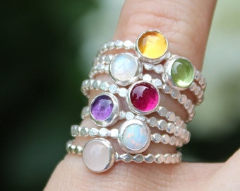 Sterling Silver Gemstone Ring // Silver Gemstone Stacking Rings // Birthstone Ring // Bezel Set Gemstone Ring // Mother's Ring // Crystal