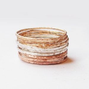 Mixed Metal Stacking Rings: Sterling Silver, Rose & Yellow Gold Filled - Set of 9