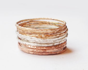 Anneaux à empiler en métaux variés : argent sterling, or rose et or jaune - Lot de 9