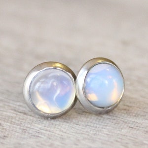 Silver Opalite Earrings // Opal Stud Earrings // 6mm Opalite Cabochon Earrings // Silver Gemstone Studs // Stainless Steel