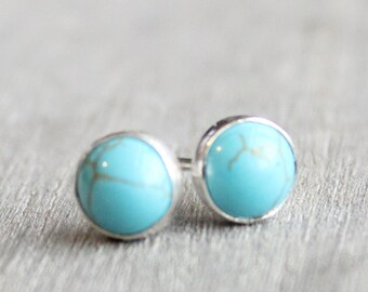 Sterling Silver Turquoise Earrings // Turquoise Studs // December Birthstone Earrings // 6mm Gemstone Earrings // Silver Gemstone Studs