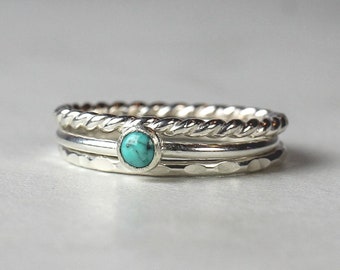 Turquoise Ring // Sterling Silver Turquoise Stacking Ring Set // 3mm Turquoise Ring // December Birthstone Ring  // Gemstone Ring