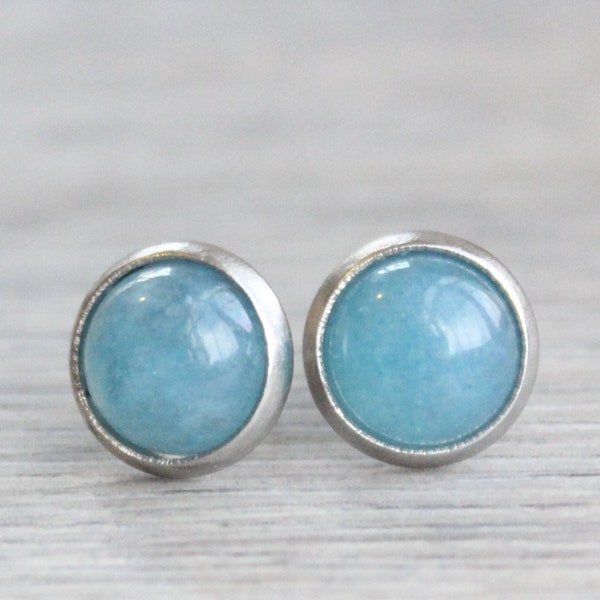 Silver Aquamarine Studs // Stainless Steel Aquamarine Quartz Earrings // March Birthstone Earrings // 8mm Gemstone Earrings