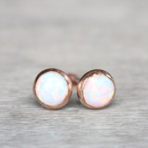 Rose Gold Opal Earrings // Opal Stud Earrings // October Birthstone Earrings // 5mm Lab Created Opal Earrings // 14k Rose Gold Filled Opal E
