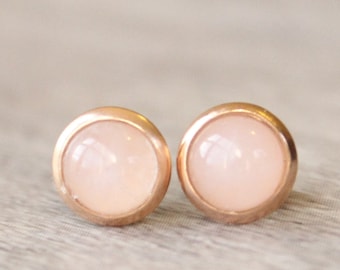 Rose Gold Rose Quartz Stud Earrings: 6mm Gemstone Cabochons