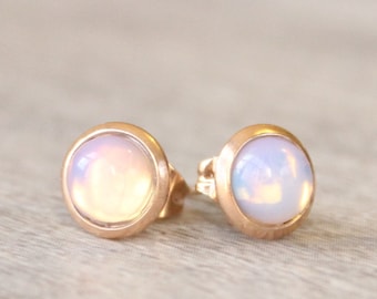 Rose Gold Opalite Earrings // Opalite Stud Earrings // 6mm Opalite Cabochon Earrings // Rose Gold Plated Gemstone Studs // Stainless Steel