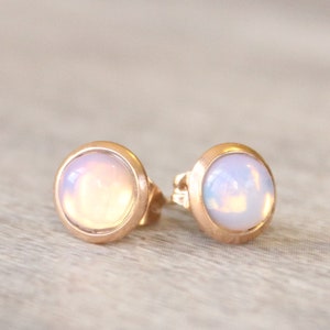 Rose Gold Opalite Earrings // Opalite Stud Earrings // 6mm Opalite Cabochon Earrings // Rose Gold Plated Gemstone Studs // Stainless Steel