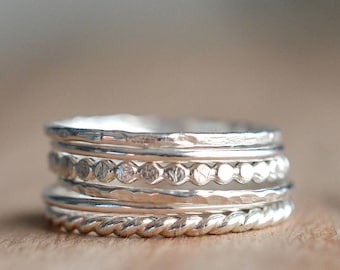 Set of 6 Sterling Silver Stacking Rings // Sterling Silver Stackable Ring Set // Rope Ring // Twist Ring // Spacer Rings // Bead Ring