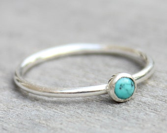 Round turquoise ring 6mm diameter turquoise. Textured skinny stacking ring Petite Turquoise silver ring