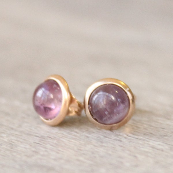 Rose Gold Amethyst Earrings // Amethyst Stud Earrings // 6mm Amethyst Cabochon Earrings // Rose Gold Gemstone Studs // Stainless Steel