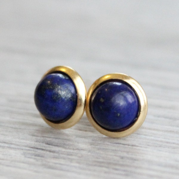 Gold Lapis Lazuli Studs // Yellow Gold Lapis Earrings // Cobalt Studs // 6mm Gemstone Earrings // Gold Plated Gemstone Studs